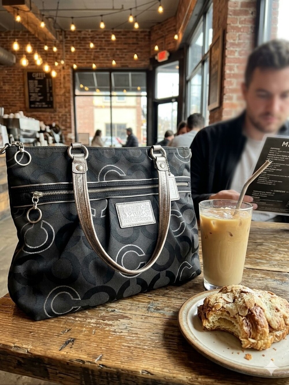 Coach Poppy Black Signature 'C' Jacquard Satchel with Silver Accents